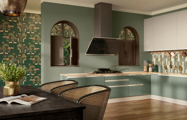 Dapur dengan penggunaan warna alami seperti coklat dan hijau daun